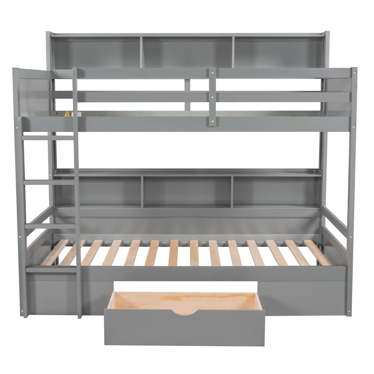 Twin Size Bunk Bed with Built-in Shelves Beside both Upper and Down Bed and Storage Drawer,Gray - Home Elegance USA