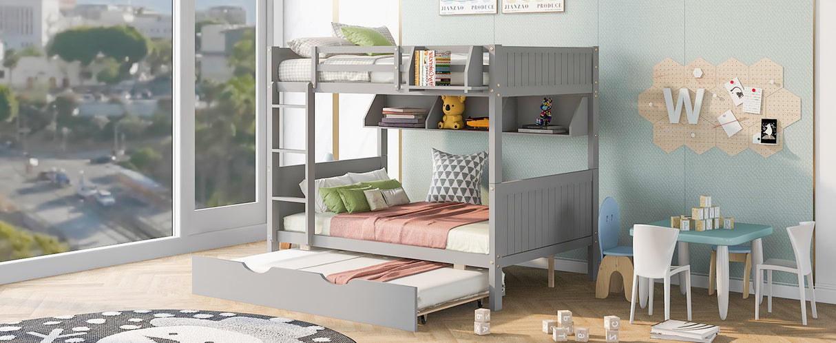 Full-Over-Full Bunk Bed with Twin size Trundle , Separable Bunk Bed with Bookshelf for Bedroom-Gray - Home Elegance USA