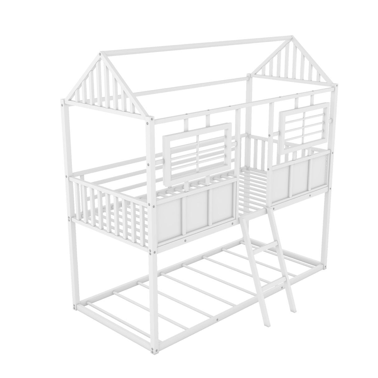Twin over Twin Size Metal Low Bunk Beds with Roof and Fence-shaped Guardrail, White - Home Elegance USA
