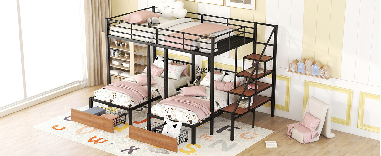 Full over Twin-Twin Triple bunk bed with drawers and staircase, Black