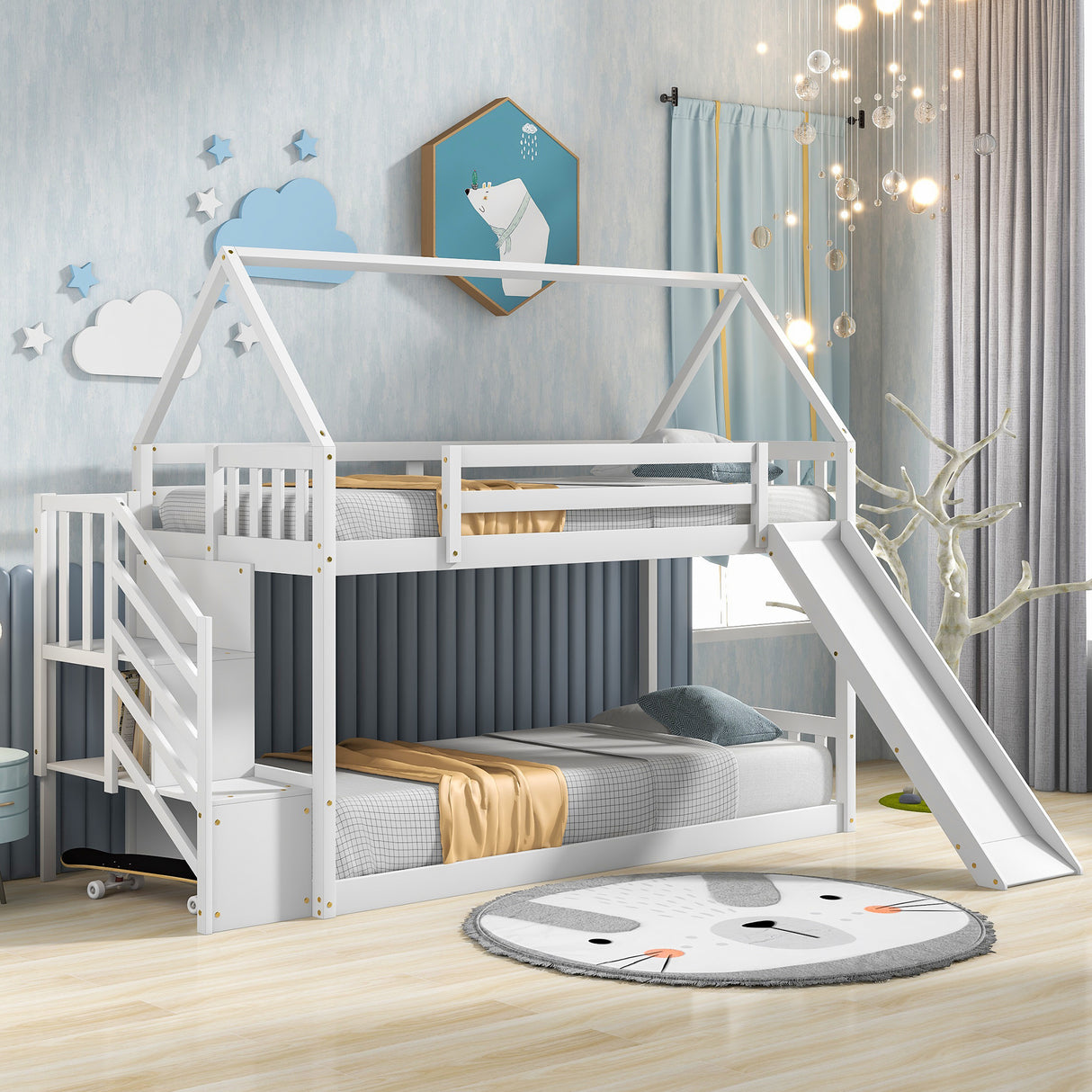 Twin over Twin House Bunk Bed with Slide and Storage Staircase,White - Home Elegance USA