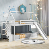 Twin over Twin House Bunk Bed with Slide and Storage Staircase,White - Home Elegance USA