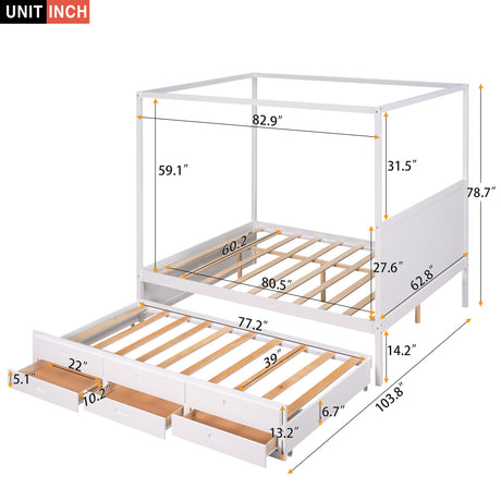 Queen Size Canopy Platform Bed with Twin Size Trundle and Three Storage Drawers,White - Home Elegance USA