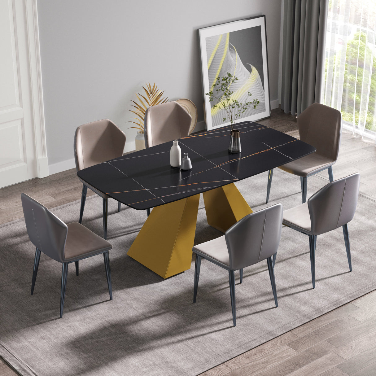 70.87"Modern artificial stone black curved golden metal leg dining table - can accommodate 6 - 8 people - W1535S00097 - image - 2