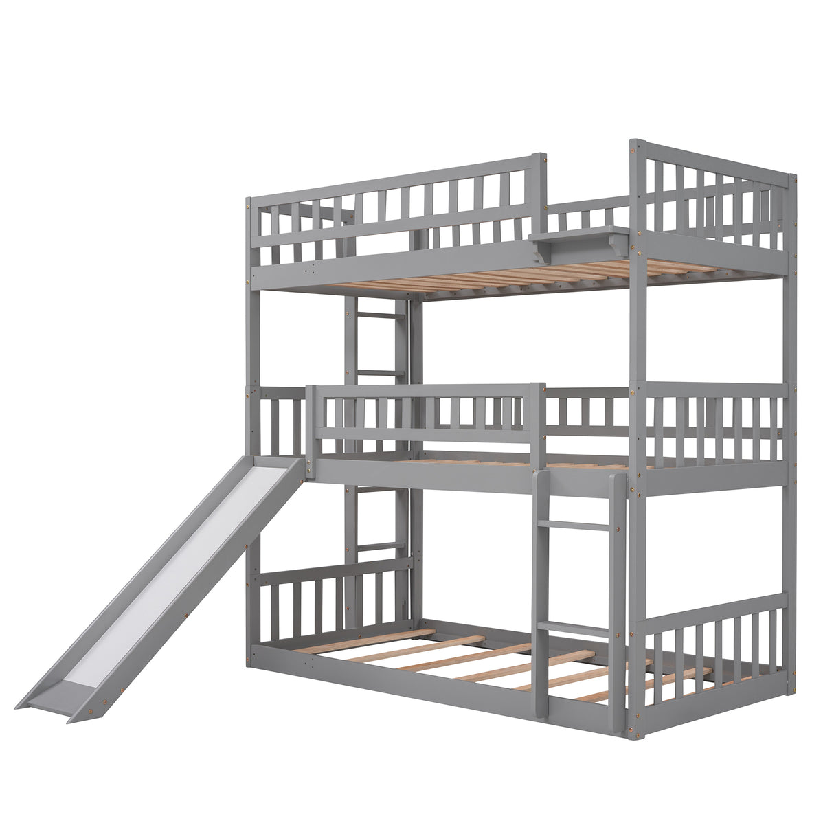 Twin-Over-Twin-Over-Twin Triple Bed with Built-in Ladder and Slide, Triple Bunk Bed with Guardrails, Gray(OLD SKU: LP000051AAE) - Home Elegance USA