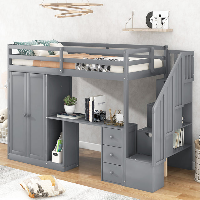Twin Size Loft Bed with Wardrobe and Staircase, Desk and Storage Drawers and Cabinet in 1,Gray - Home Elegance USA