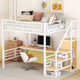 Full Size Metal Loft Bed with Desk, Storage Staircase and Small Wardrobe, Storage stairs can be installed left and right, White - Home Elegance USA