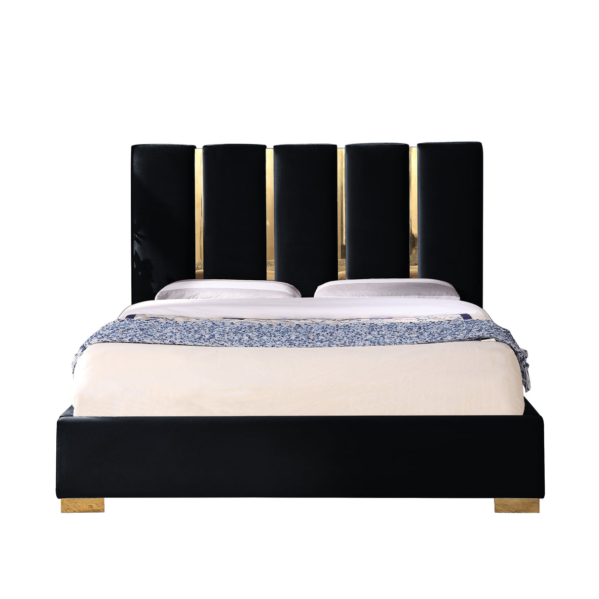 Contemporary Velvet Upholstered Bed, Solid Wood Frame, High-density Foam, Gold Metal Leg, Queen Size