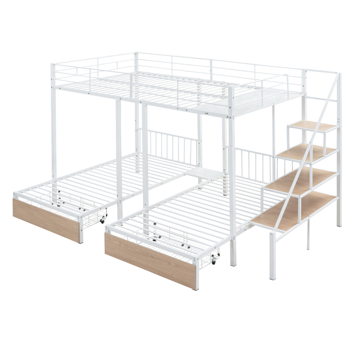 Full over Twin-Twin Triple bunk bed with drawers and staircase, White