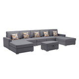 Nolan Gray Linen Fabric 6Pc Double Chaise Sectional Sofa with Interchangeable Legs, Storage Ottoman, and Pillows - Home Elegance USA