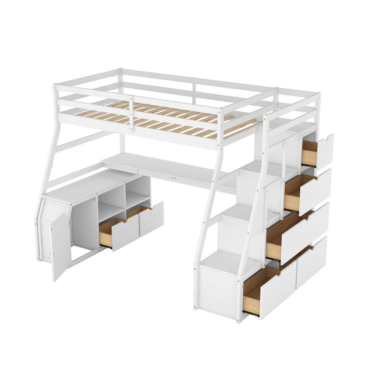 Twin Size Loft Bed with with 7 Drawers 2 Shelves and Desk - White - Home Elegance USA