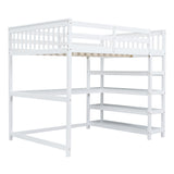 Full Size Loft Bed with Storage Shelves and Under-bed Desk, White - Home Elegance USA