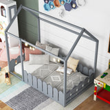 （Slats are not included) Twin Size Wood Bed House Bed Frame with Fence, for Kids, Teens, Girls, Boys (Gray )(OLD SKU :WF194274AAE)