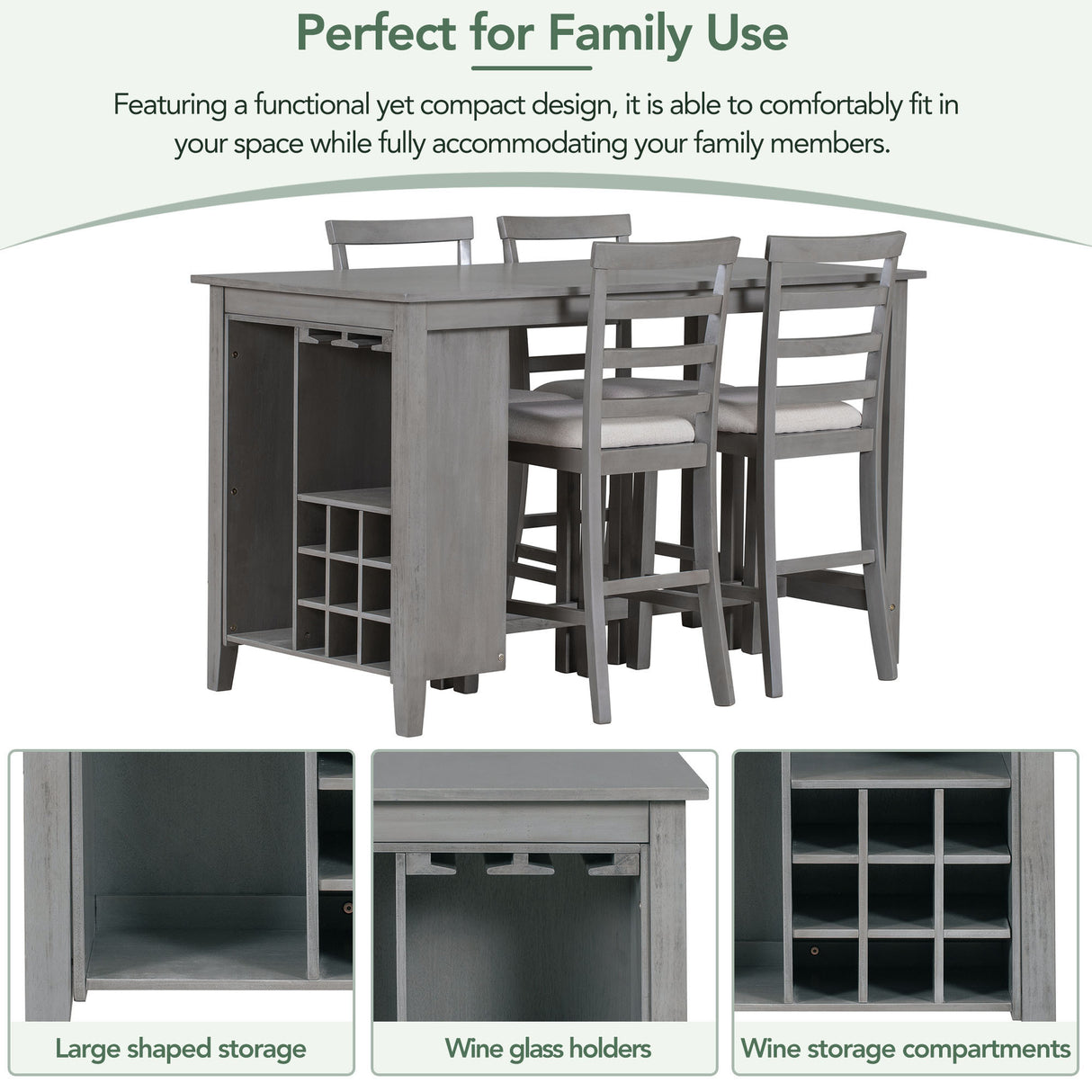 TREXM 5-Piece Multi-Functional Rubber Wood Counter Height Dining Set with Padded Chairs and Integrated 9 Bar Wine Compartment, Wineglass Holders for Dining Room (Gray) - Home Elegance USA