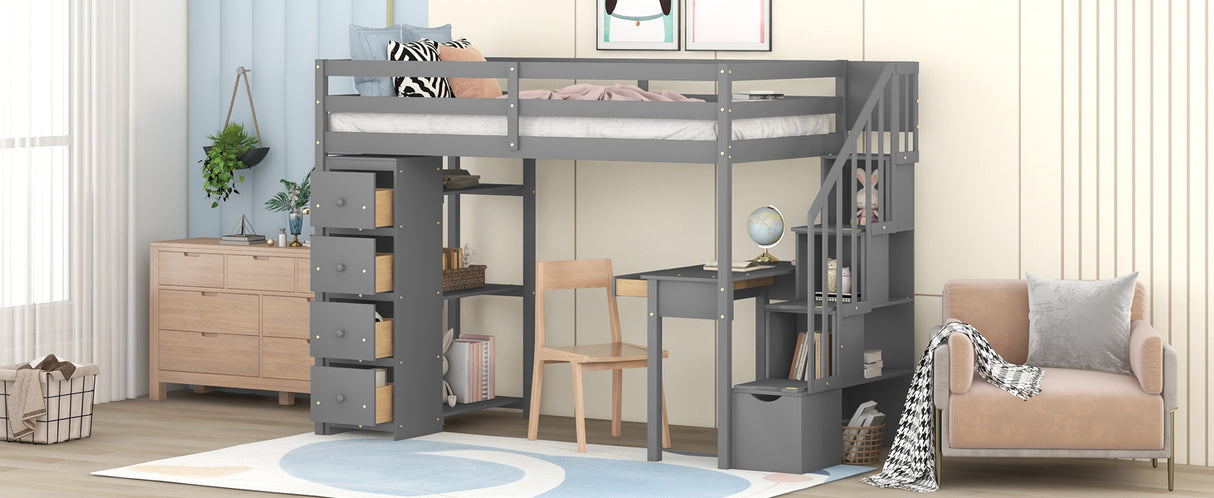 Twin size Loft Bed with Storage Drawers ,Desk and Stairs, Wooden Loft Bed with Shelves - Gray - Home Elegance USA