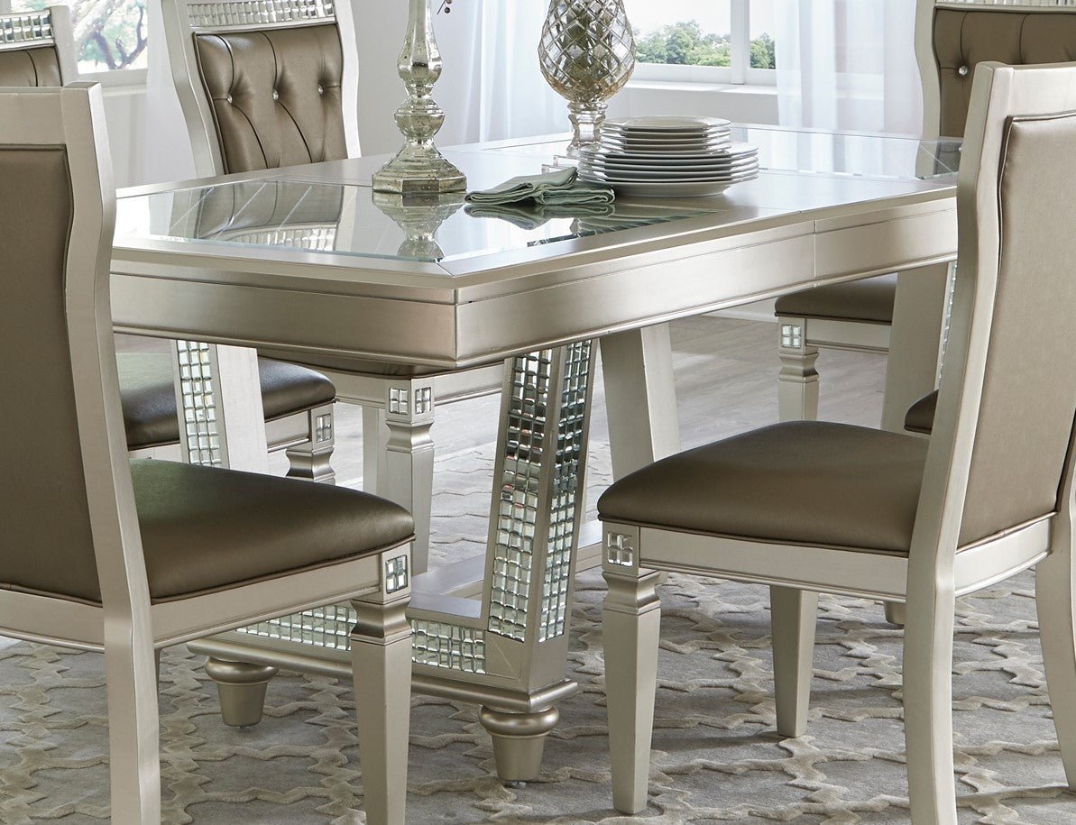 Glamorous Style Dining 7pc Set Champagne Finish Table w Leaf Glass Insert Top Upholstered Tufted 6x Side Chairs Traditional Dining Room Furniture - Home Elegance USA