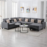 Nolan Gray Linen Fabric 7Pc Reversible Chaise Sectional Sofa with a USB, Charging Ports, Cupholders, Storage Console Table and Pillows and Interchangeable Legs - Home Elegance USA