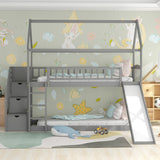 Twin Over Twin Bunk Bed with Drawers and Slide, House Bed with Slide,Gray(OLD SKU :LT000215AAE) - Home Elegance USA