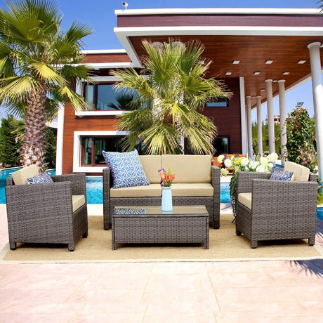 4-Pieces Outdoor Patio Furniture Set, PE Rattan Wicker in Grey with Beige Cushions