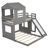 Wooden Twin Over Full Bunk Bed, Loft Bed with Playhouse, Farmhouse, Ladder, Slide and Guardrails, Gray(OLD SKU :LT000028AAN) Home Elegance USA