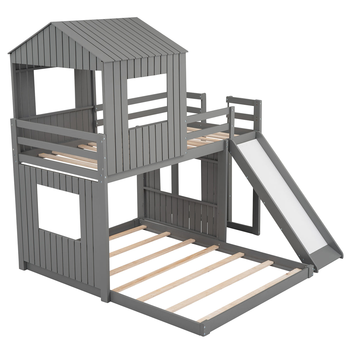 Wooden Twin Over Full Bunk Bed, Loft Bed with Playhouse, Farmhouse, Ladder, Slide and Guardrails, Gray(OLD SKU :LT000028AAN) - Home Elegance USA