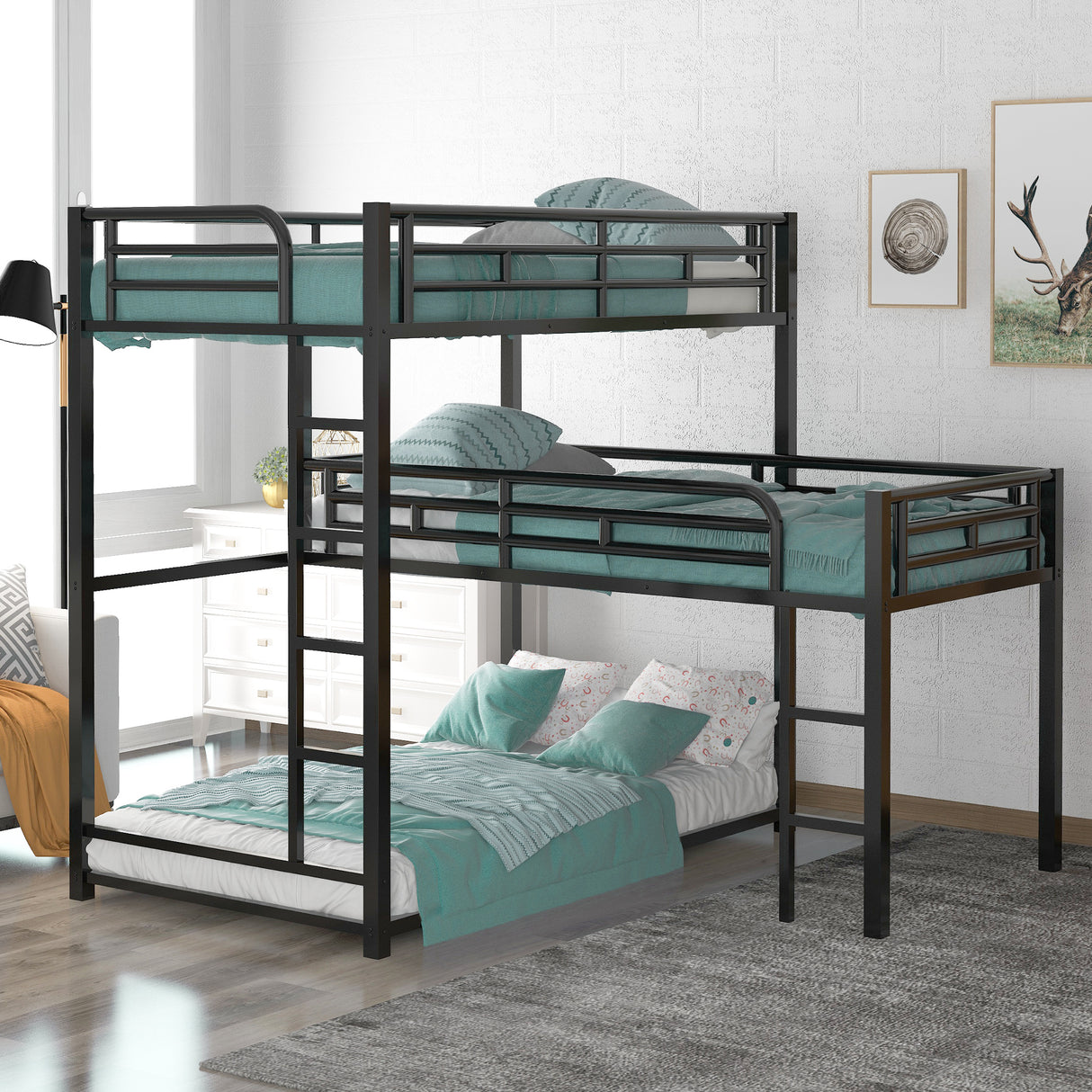 L-shaped Metal Triple Twin Size Bunk Bed, Black(OLD SKU:SM000605AAB) - Home Elegance USA