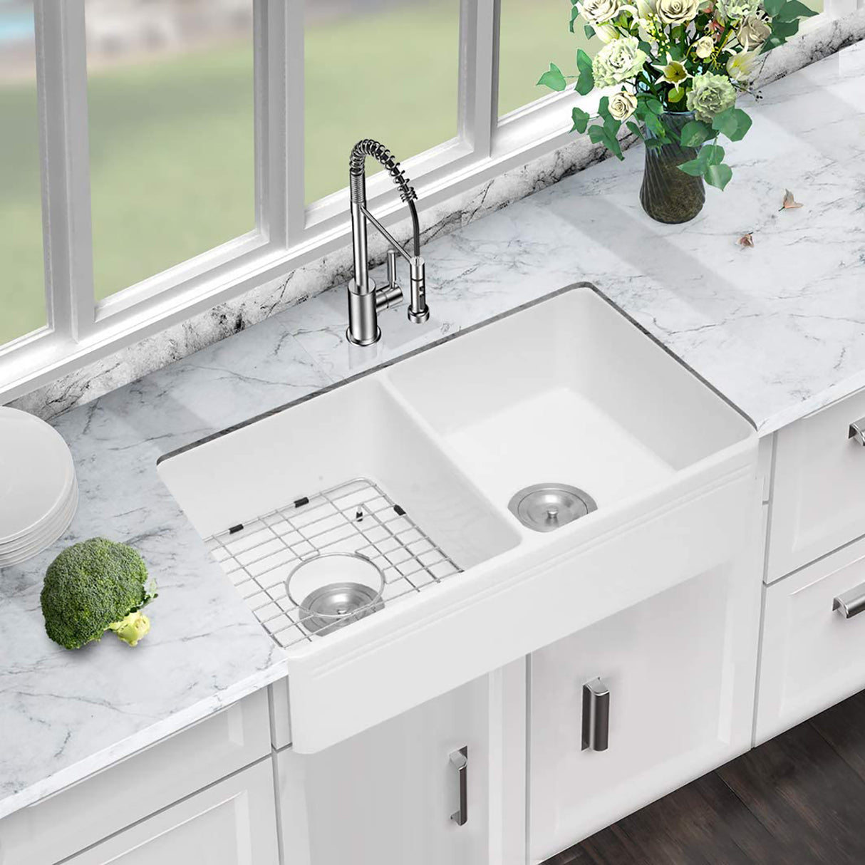 Ceramic White 33”18"*10" Kitchen Double Basin Farmhouse Sink Rectangular Vessel Sink