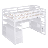 Full Size Loft Bed with Desk and Shelves, Two Built-in Drawers, Storage Staircase, White