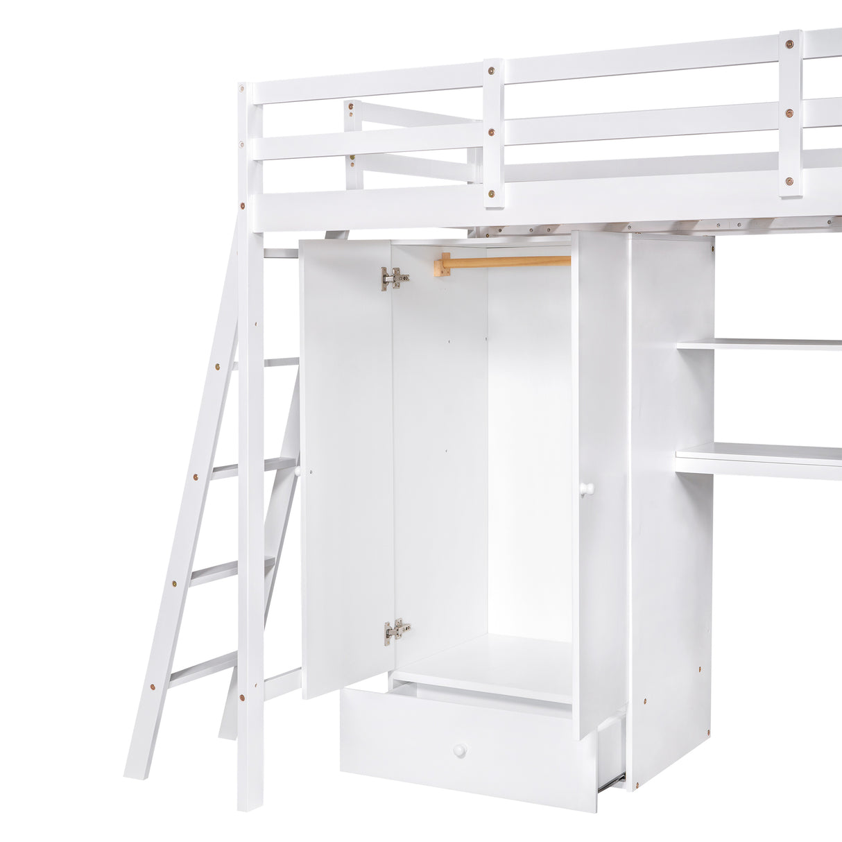 Twin Size Loft Bed with Wardrobe and Drawers, attached Desk with Shelves, White - Home Elegance USA