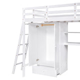 Twin Size Loft Bed with Wardrobe and Drawers, attached Desk with Shelves, White - Home Elegance USA