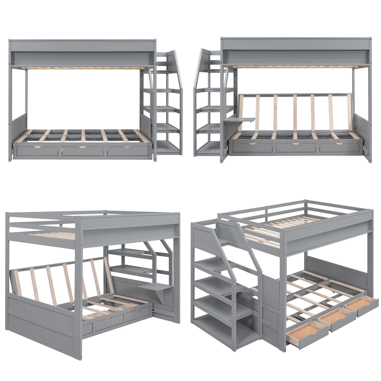 Wood Full Size Convertible Bunk Bed with Storage Staircase, Bedside Table, and 3 Drawers, Gray - Home Elegance USA