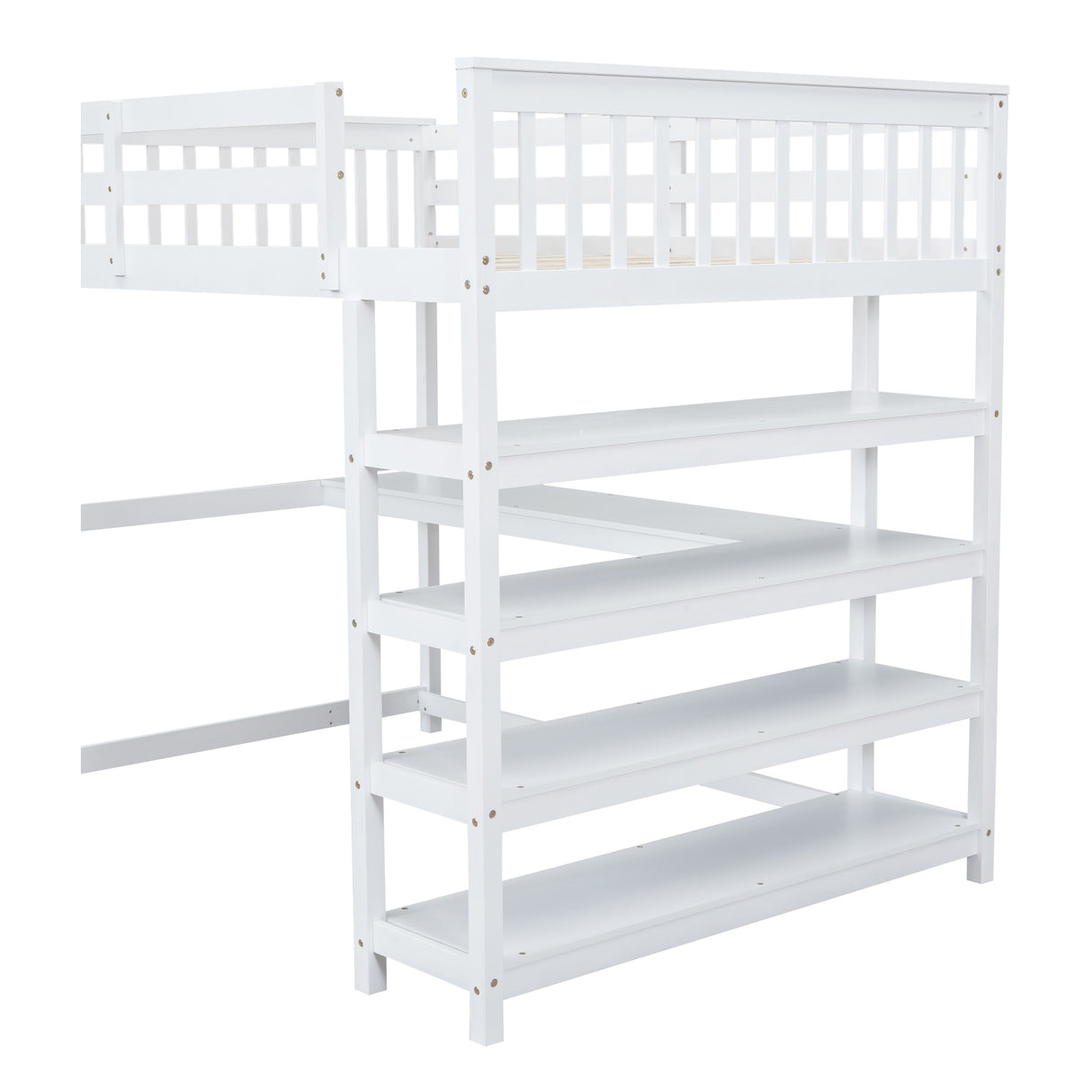 Full Size Loft Bed with Storage Shelves and Under-bed Desk, White - Home Elegance USA