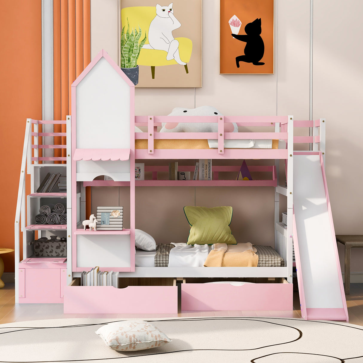 Twin-Over-Twin Castle Style Bunk Bed with 2 Drawers 3 Shelves and Slide - Pink