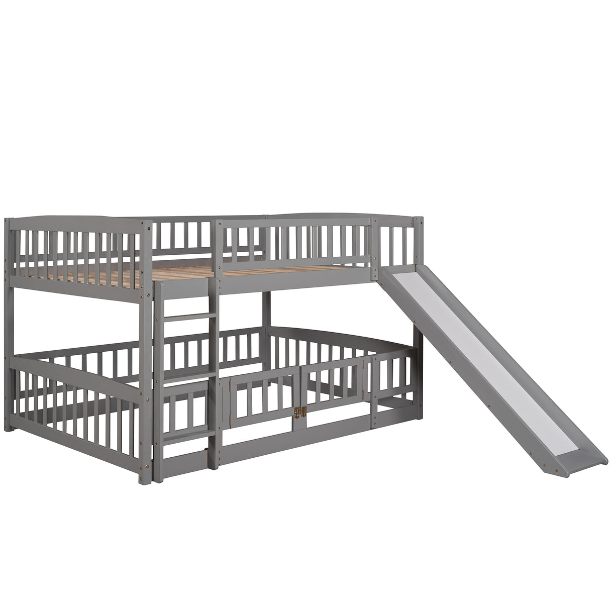 Bunk Bed with Slide,Full Over Full Low Bunk Bed with Fence and Ladder for Toddler Kids Teens Gray