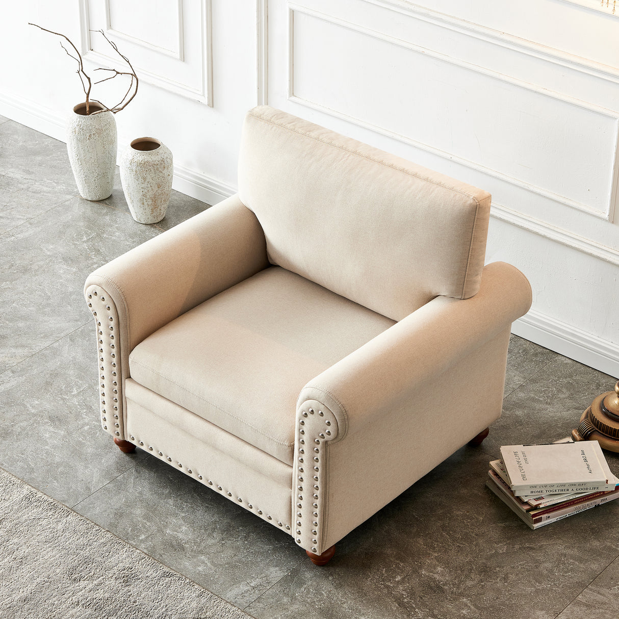 Living Room Sofa Single Seat Chair with Wood Leg Beige Fabric Home Elegance USA