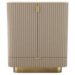 Arteriors Pontevera Cocktail Cabinet in Gray Leather, Oak, and Brass | Arteriors