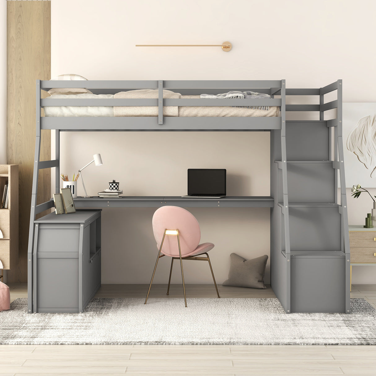 Twin Size Loft Bed with with 7 Drawers 2 Shelves and Desk - Gray - Home Elegance USA