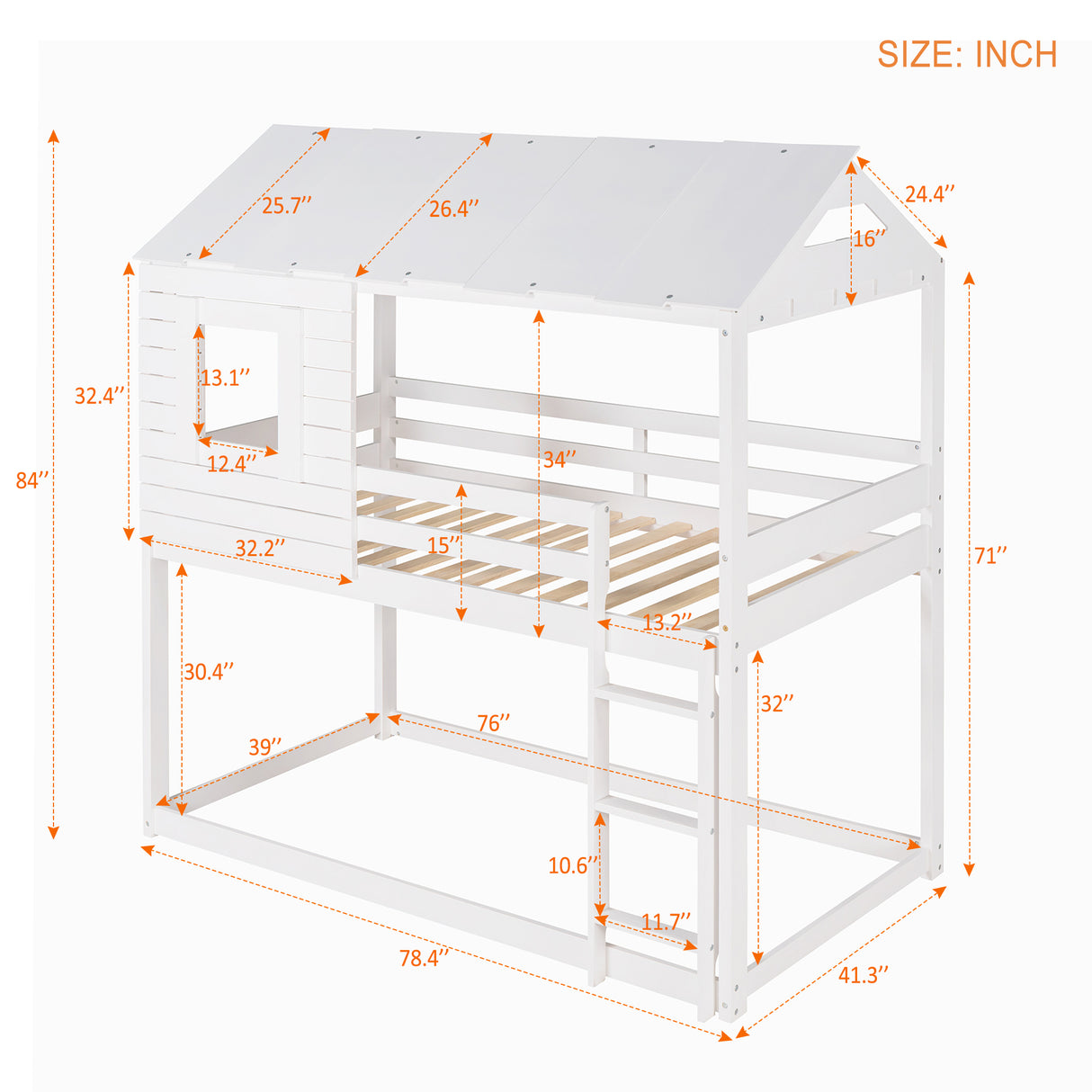 Twin Over Twin Bunk Bed Wood Loft Bed with Roof, Window, Guardrail, Ladder (White) (OLD SKU :LP000062AAK) - Home Elegance USA