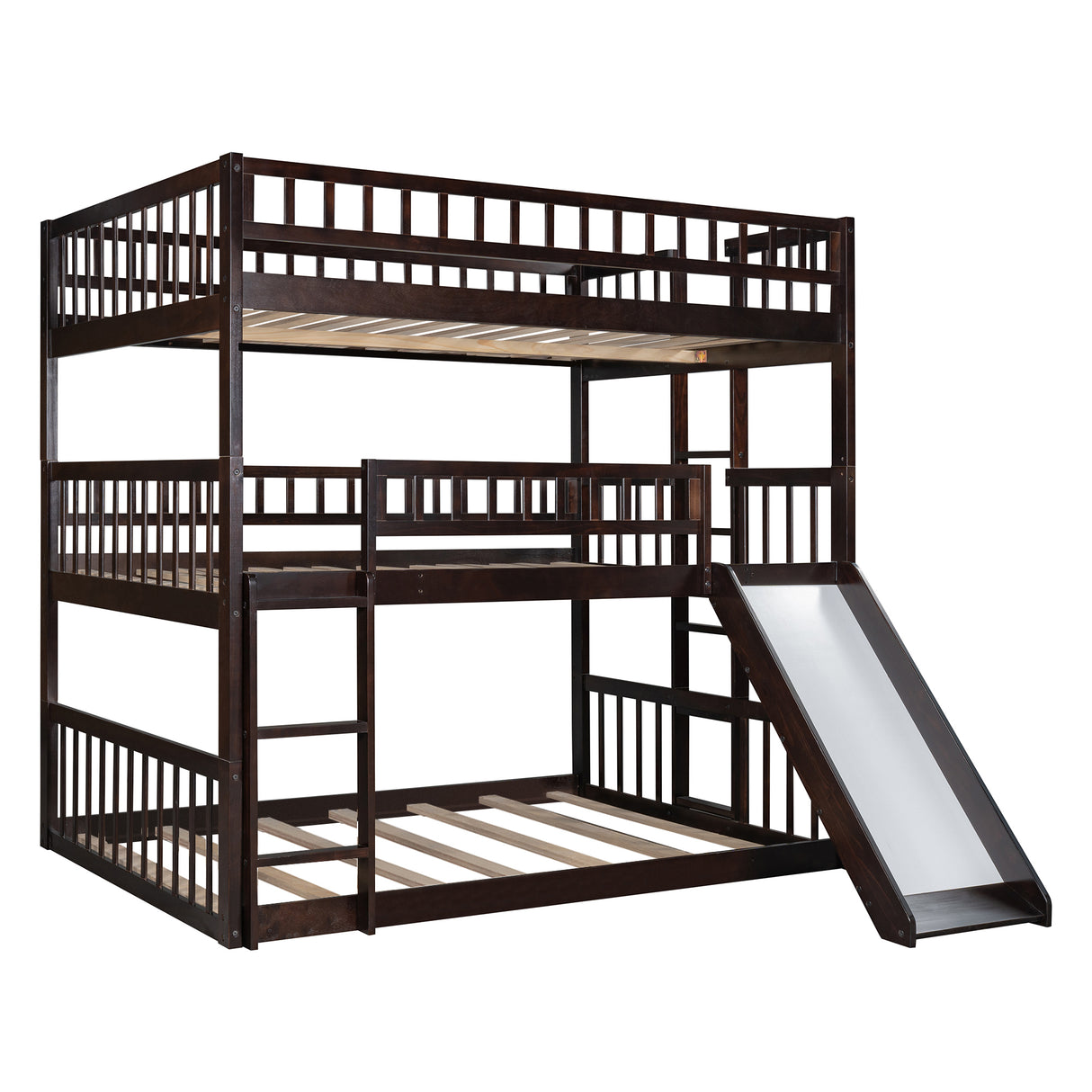 Full-Over-Full-Over-Full Triple Bed with Built-in Ladder and Slide , Triple Bunk Bed with Guardrails, Espresso(OLD SKU :LP000052AAP) - Home Elegance USA