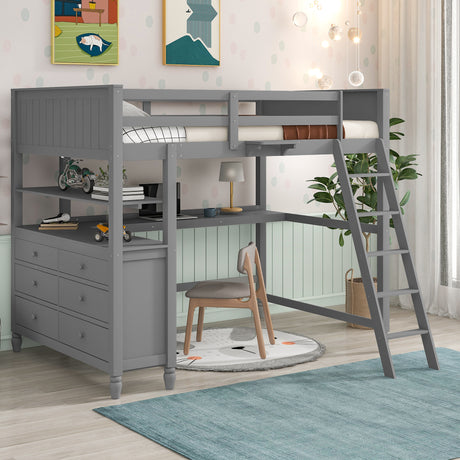 Full size Loft Bed with Drawers and Desk, Wooden Loft Bed with Shelves - Gray(OLD SKU:LT000529AAE) Home Elegance USA