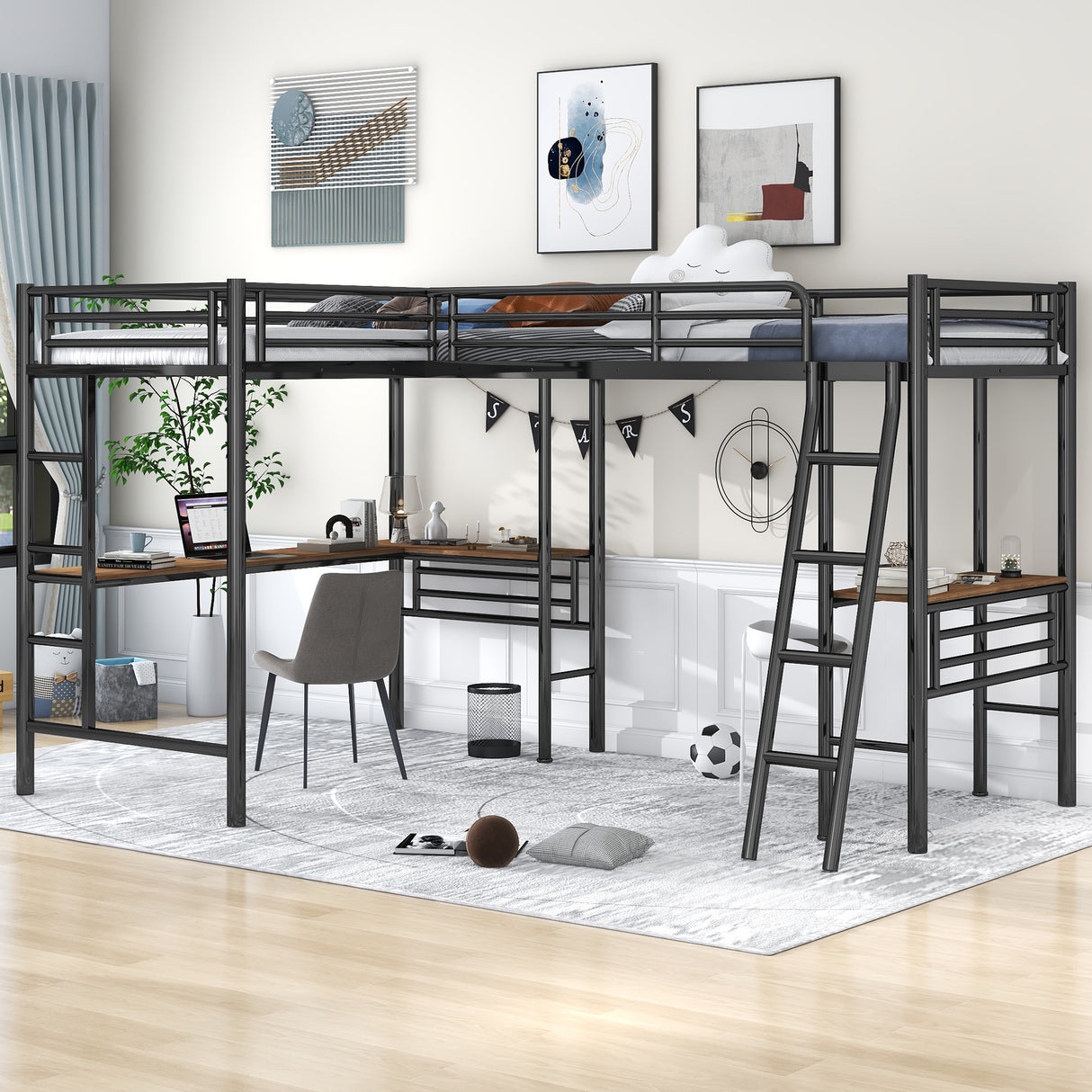 Twin Size Metal Loft Bed with Two Built-in Desks,Black - Home Elegance USA