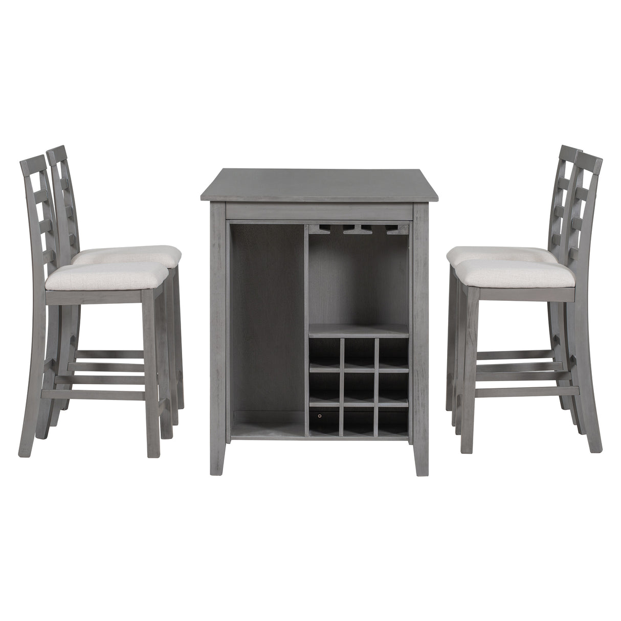 TREXM 5-Piece Multi-Functional Rubber Wood Counter Height Dining Set with Padded Chairs and Integrated 9 Bar Wine Compartment, Wineglass Holders for Dining Room (Gray) - Home Elegance USA