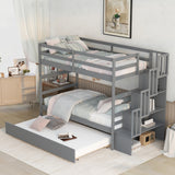 Bunk Beds Twin over Twin Stairway Storage function  Gray - Home Elegance USA