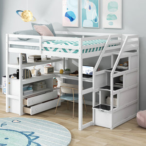 Full Size Loft Bed with Desk and Shelves, Two Built-in Drawers, Storage Staircase, White