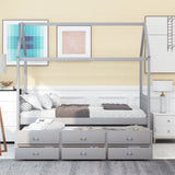 Twin size Wooden House Bed with Trundle and 3 Storage Drawers-Gray - Home Elegance USA