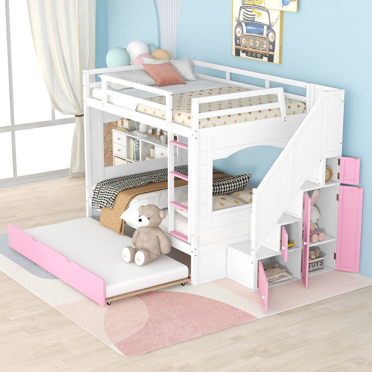 Full Over Full Bunk Bed with Trundle ,Stairs,Ladders Solid Wood Bunk bed with Storage Cabinet （White + Pink） - Home Elegance USA