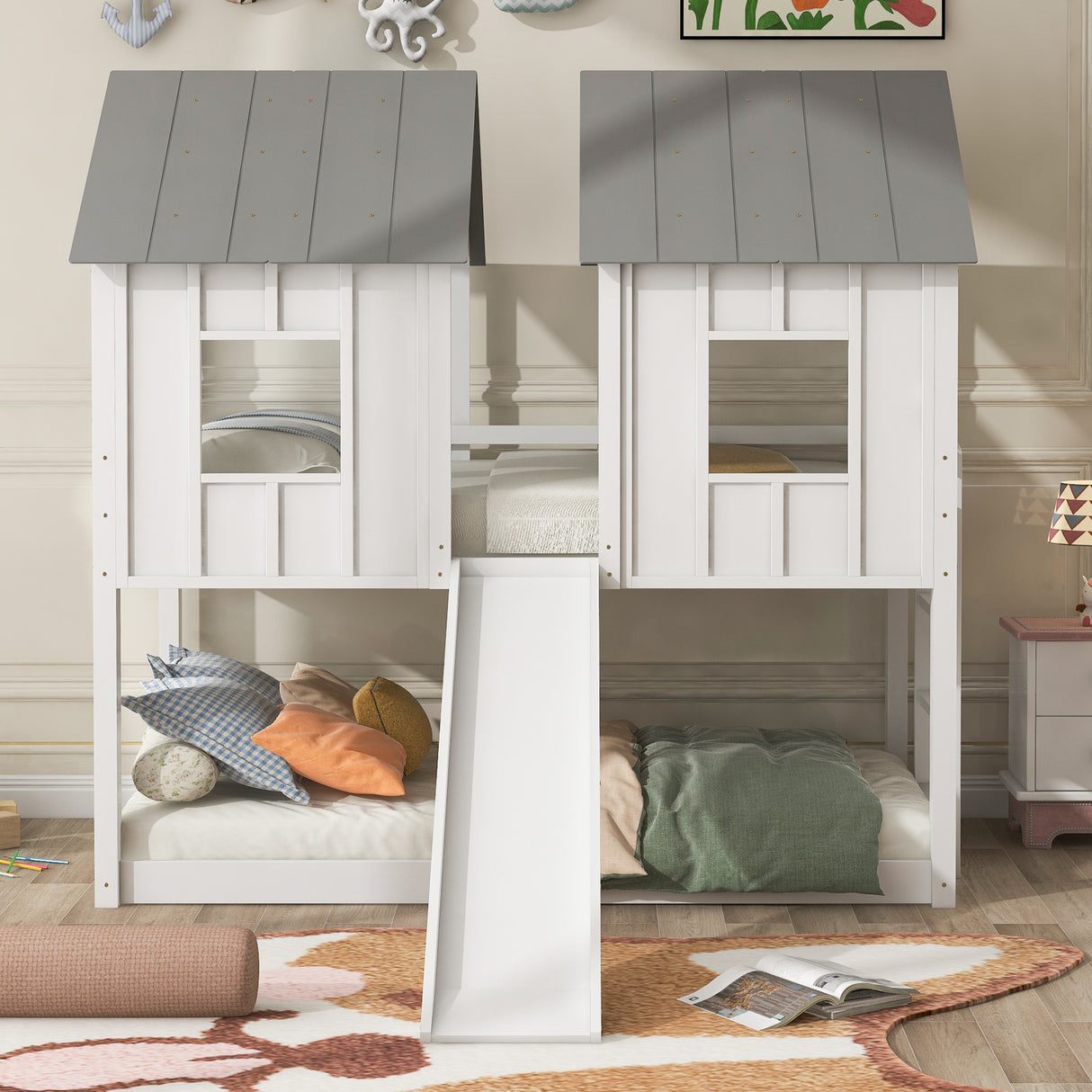 Twin over Twin House Bunk Bed with Slide and Windows,White - Home Elegance USA