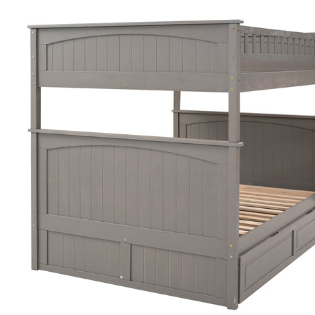 Full Over Full Bunk Bed with Twin Size Trundle, Pine Wood Bunk Bed with Guardrails, Brushed Gray(Old SKU：LP000044AAN)