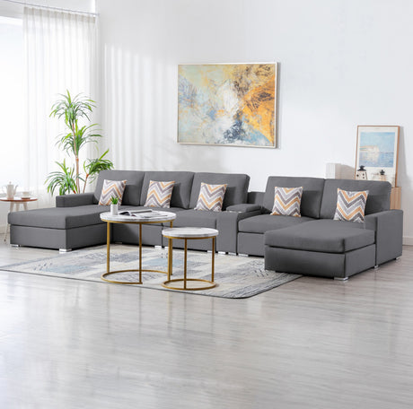 Nolan Gray Linen Fabric 6Pc Double Chaise Sectional Sofa with Interchangeable Legs, a USB, Charging Ports, Cupholders, Storage Console Table and Pillows - Home Elegance USA