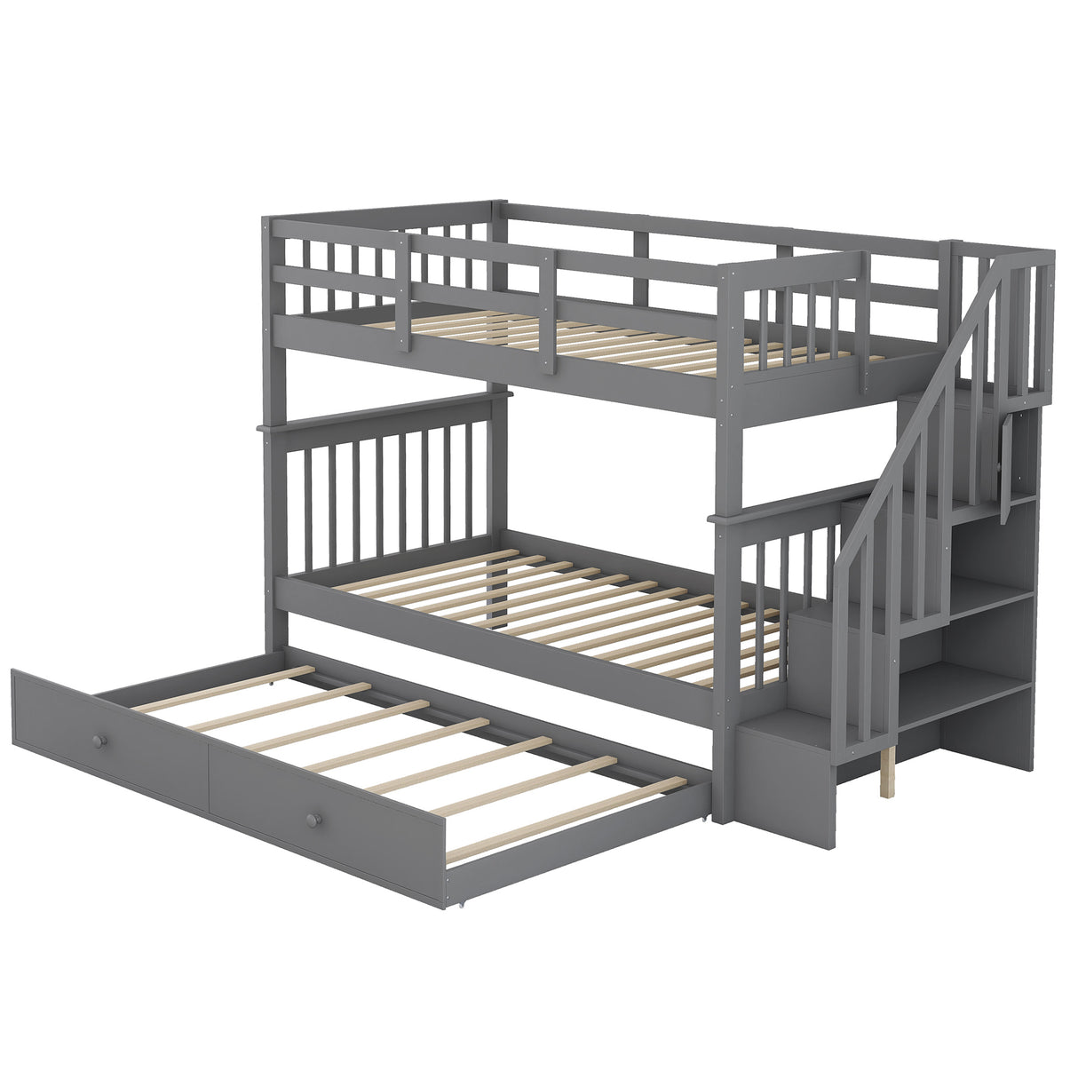 Stairway Twin-Over-Twin Bunk Bed with Twin size Trundle for Bedroom, Dorm, Adults, Gray( old sku: LP000209AAE ) - Home Elegance USA